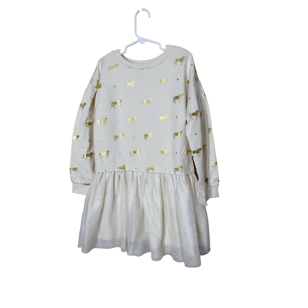 Janie and Jack Kids Ivory Gold‎ Foil Unicorn Sweatshirt Tulle Dress Size 6